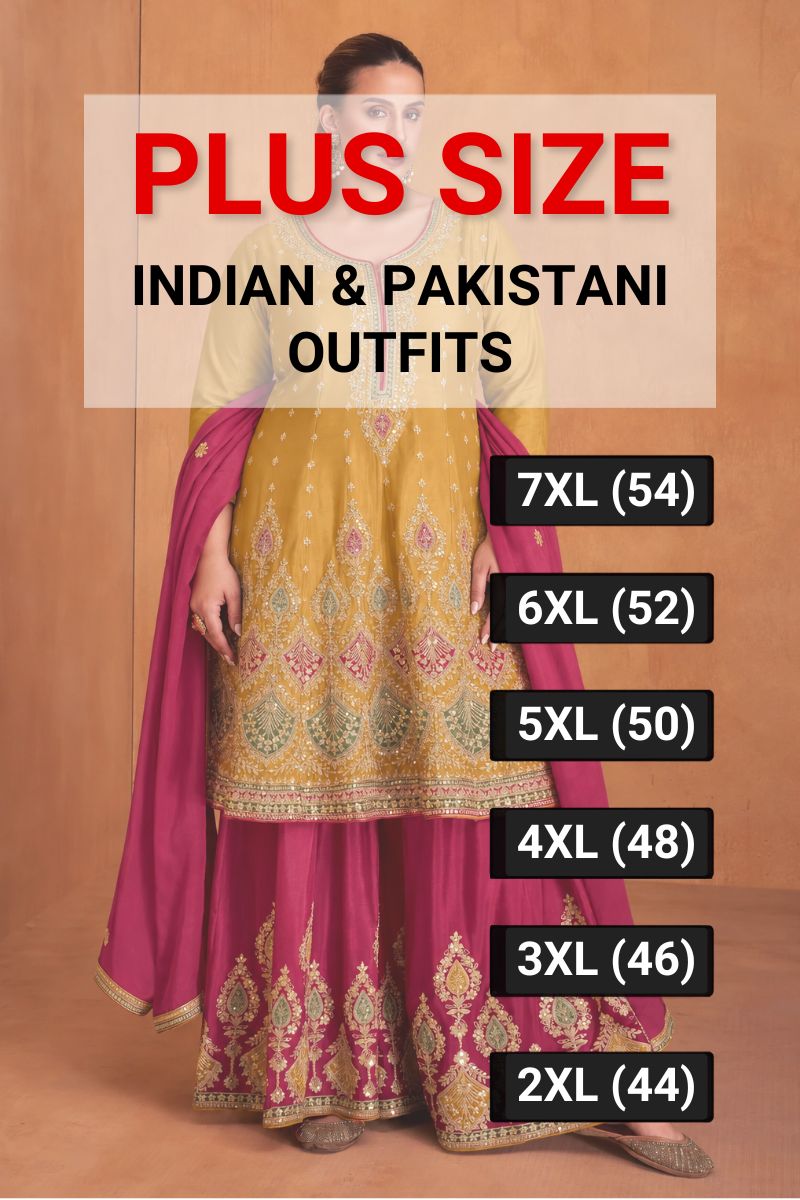 Plus size indian outfits worn by women standing with juttis in Indian and Pakistani styles