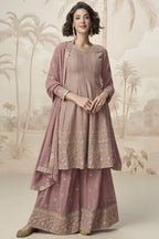 Rose Gold Georgette Palazzo Suit For Indian & Pakistani Wedding Festival - Embroidery Work