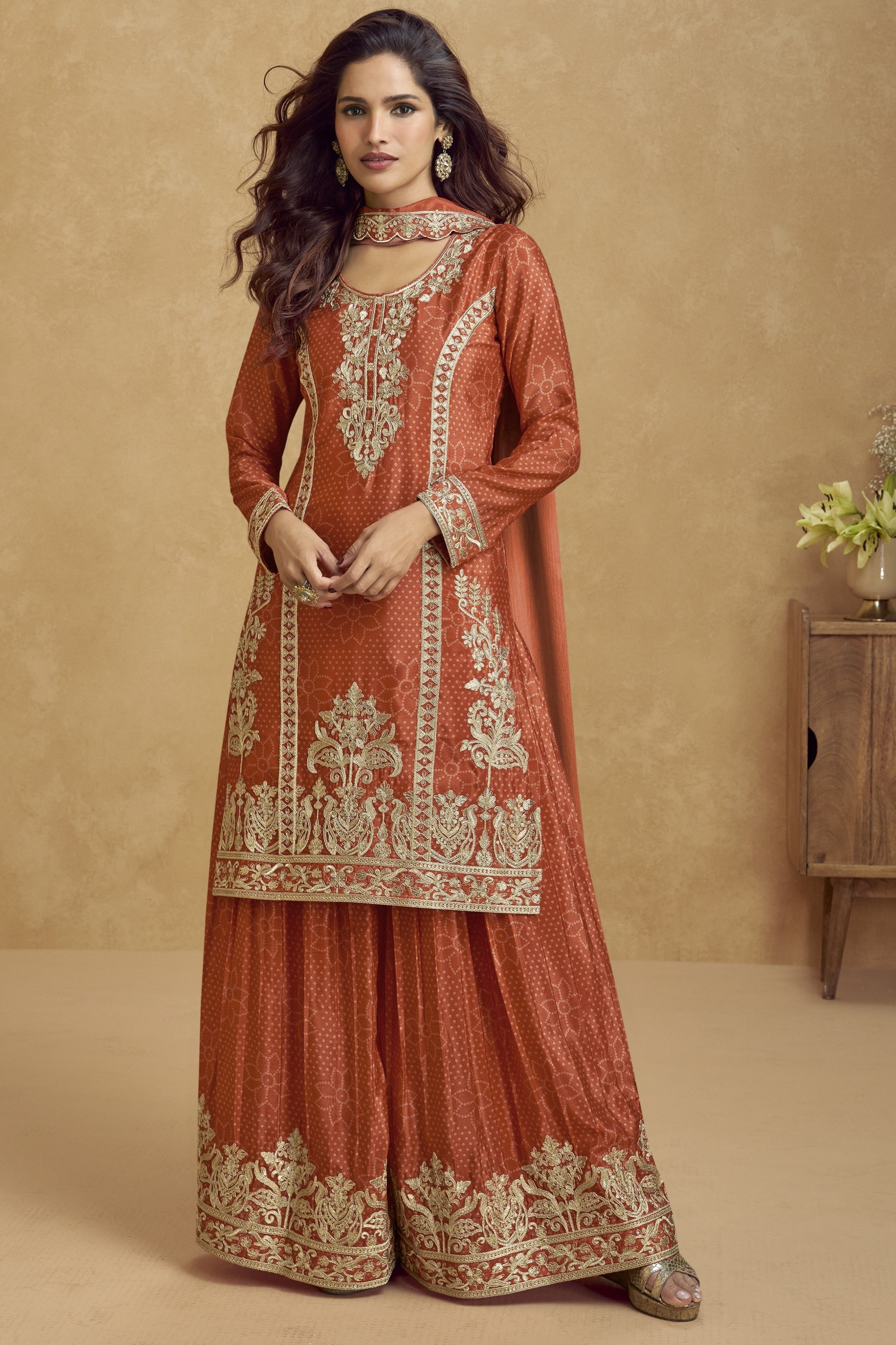 Orange Chinon Silk Palazzo Suit For Indian Wedding & Pakistani Festival - Embroidery Work