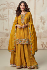 Mustard Yellow Organza Silk Palazzo Suit For Indian Wedding & Pakistani Festival - Embroidery Work