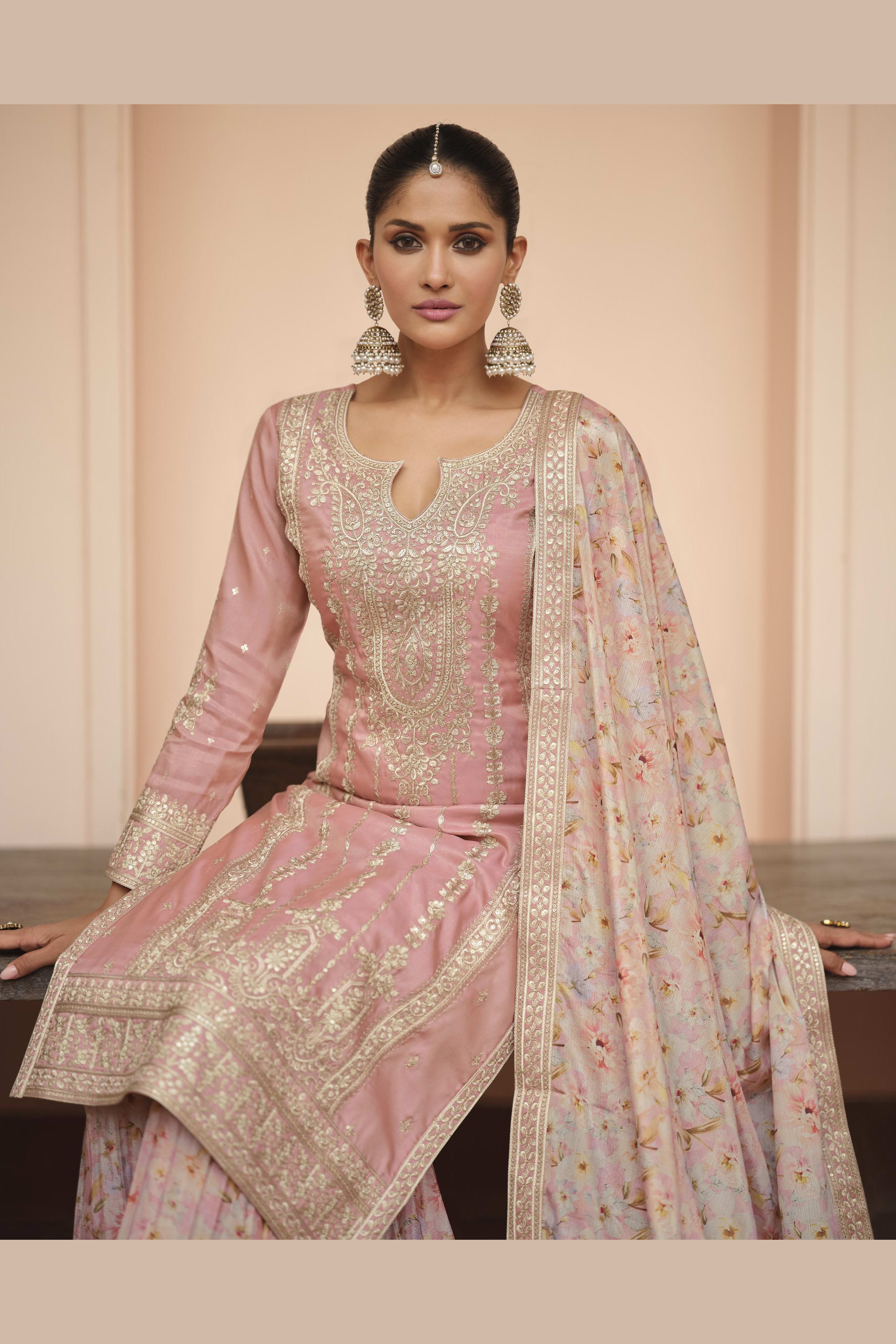 Baby Pink Chinon Silk Pastel Color Plazo Suit Floral For Indian & Pakistani Wedding Festival - Thread & Sequins Embroidery Work, Print Work
