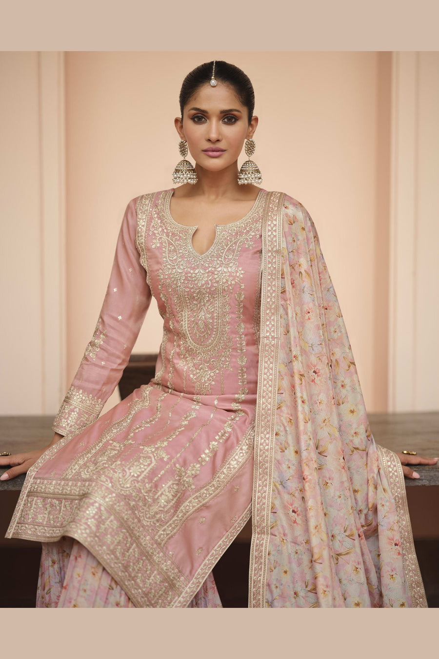 Baby Pink Chinon Silk Pastel Color Plazo Suit Floral For Indian & Pakistani Wedding Festival - Thread & Sequins Embroidery Work, Print Work