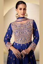 Blue Chinon Silk Kameez With Pant For Indian & Pakistani Wedding Festival - Sequins & Thread Embroidery Work