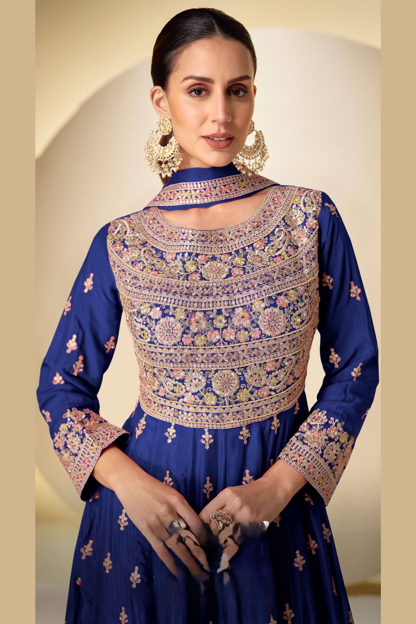 Blue Chinon Silk Kameez With Pant For Indian & Pakistani Wedding Festival - Sequins & Thread Embroidery Work