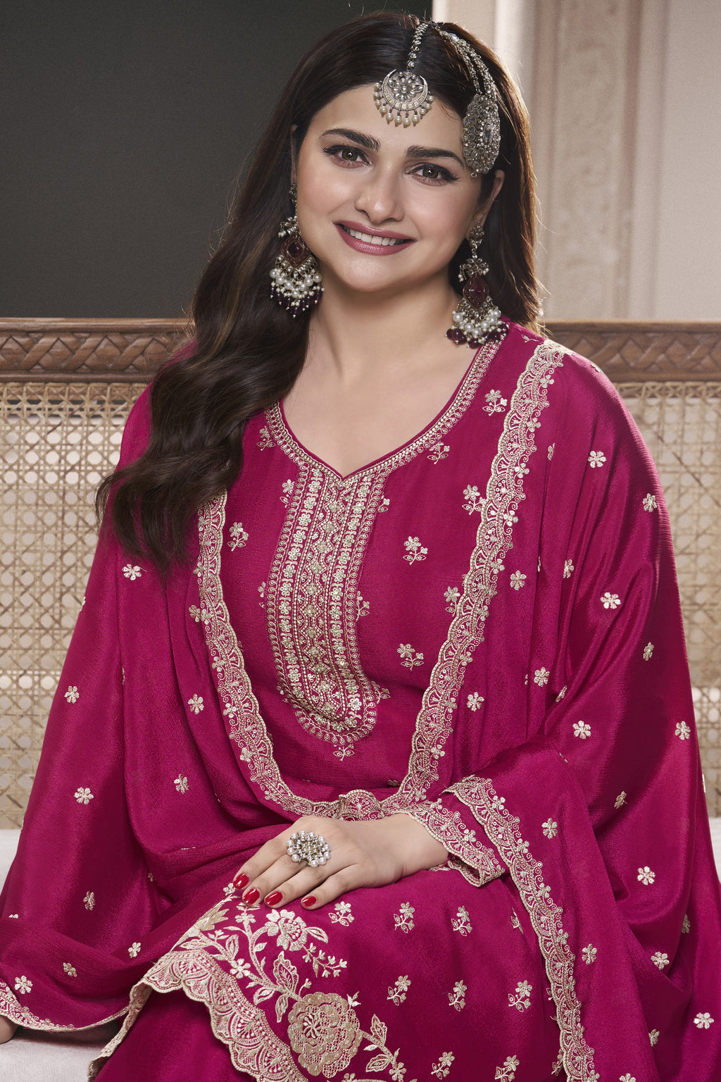 Dark Pink Chinon Silk Sharara Kameez Suit for Pakistani & Indian Festival - Embroidery Work