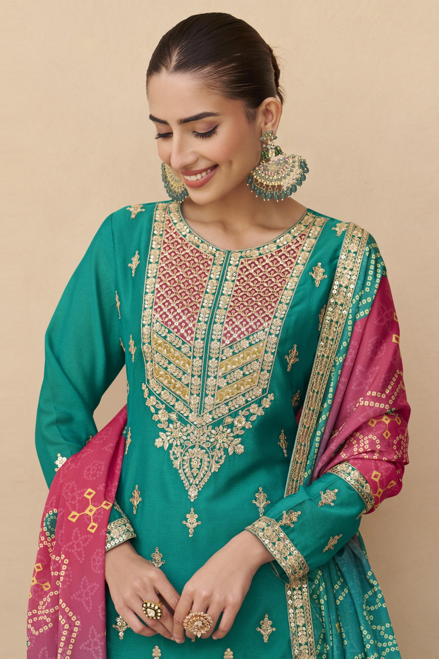 Teal Chinon Silk Plazo Suit For Indian & Pakistani Wedding Festival - Sequins & Thread Embroidery Work, Print Work