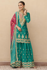 Teal Chinon Silk Plazo Suit For Indian & Pakistani Wedding Festival - Sequins & Thread Embroidery Work, Print Work