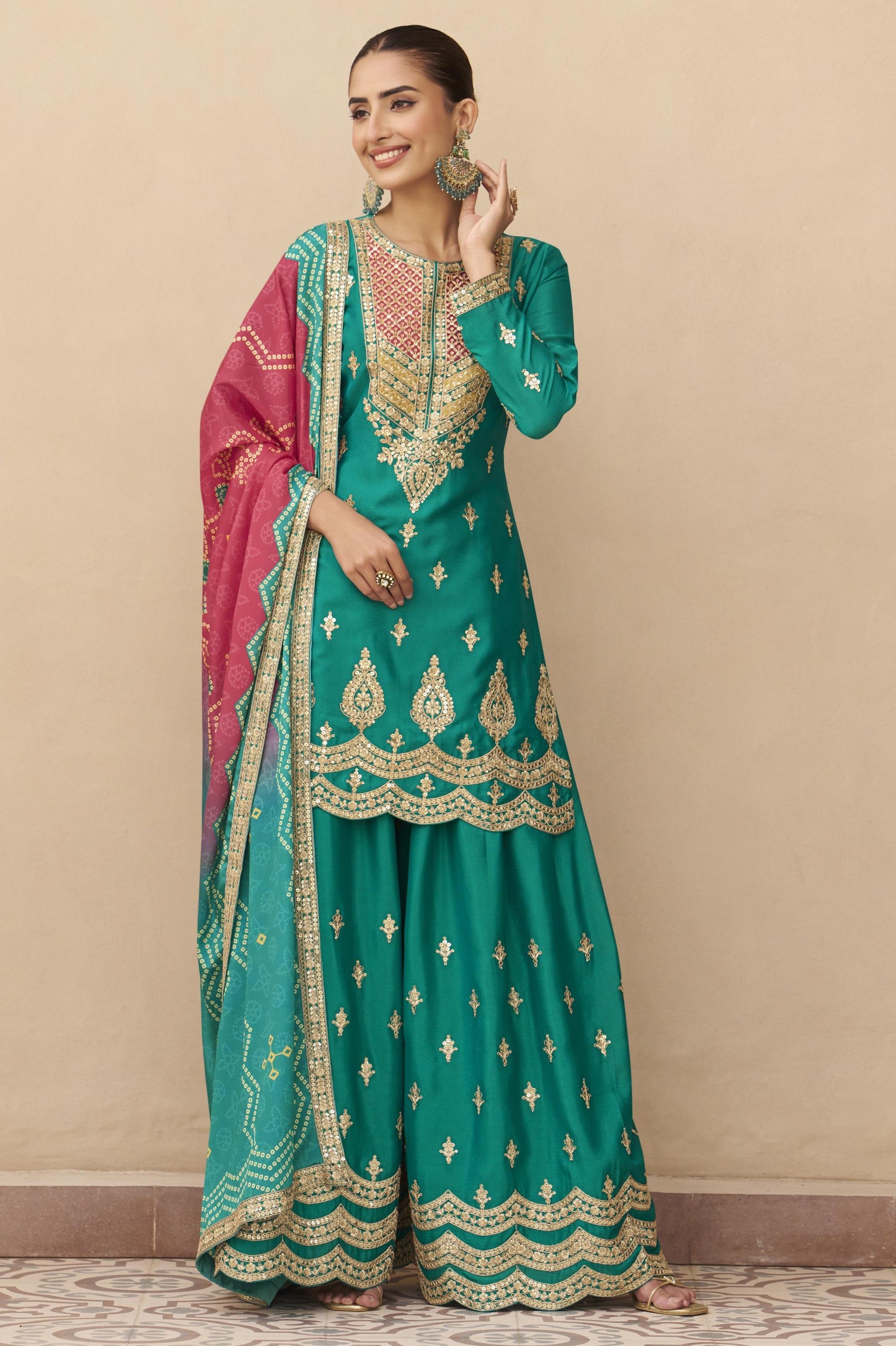 Teal Chinon Silk Plazo Suit For Indian & Pakistani Wedding Festival - Sequins & Thread Embroidery Work, Print Work
