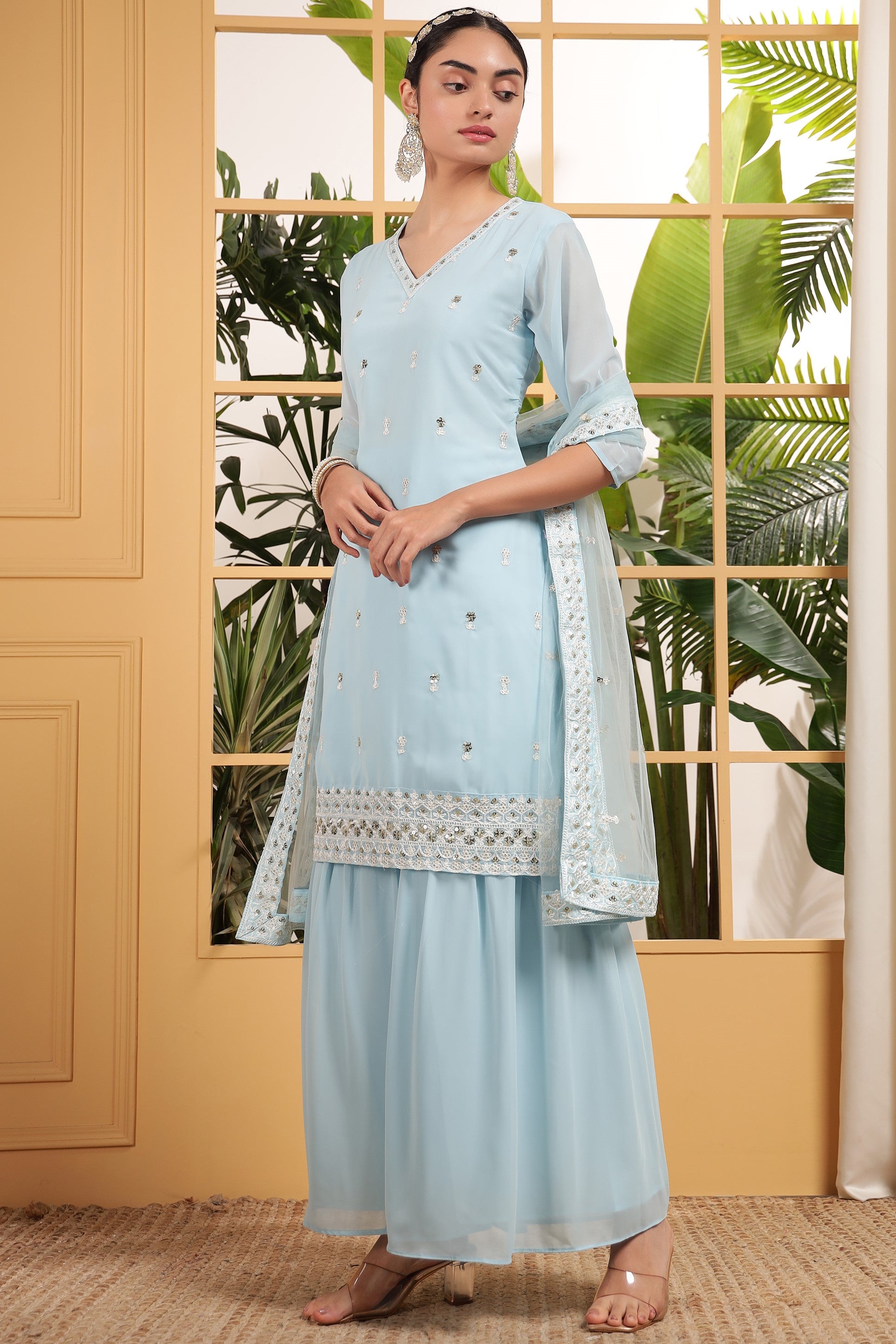 Light Blue Georgette Palazzo Suit For Indian & Pakistani Wedding Festival - Embroidery Work