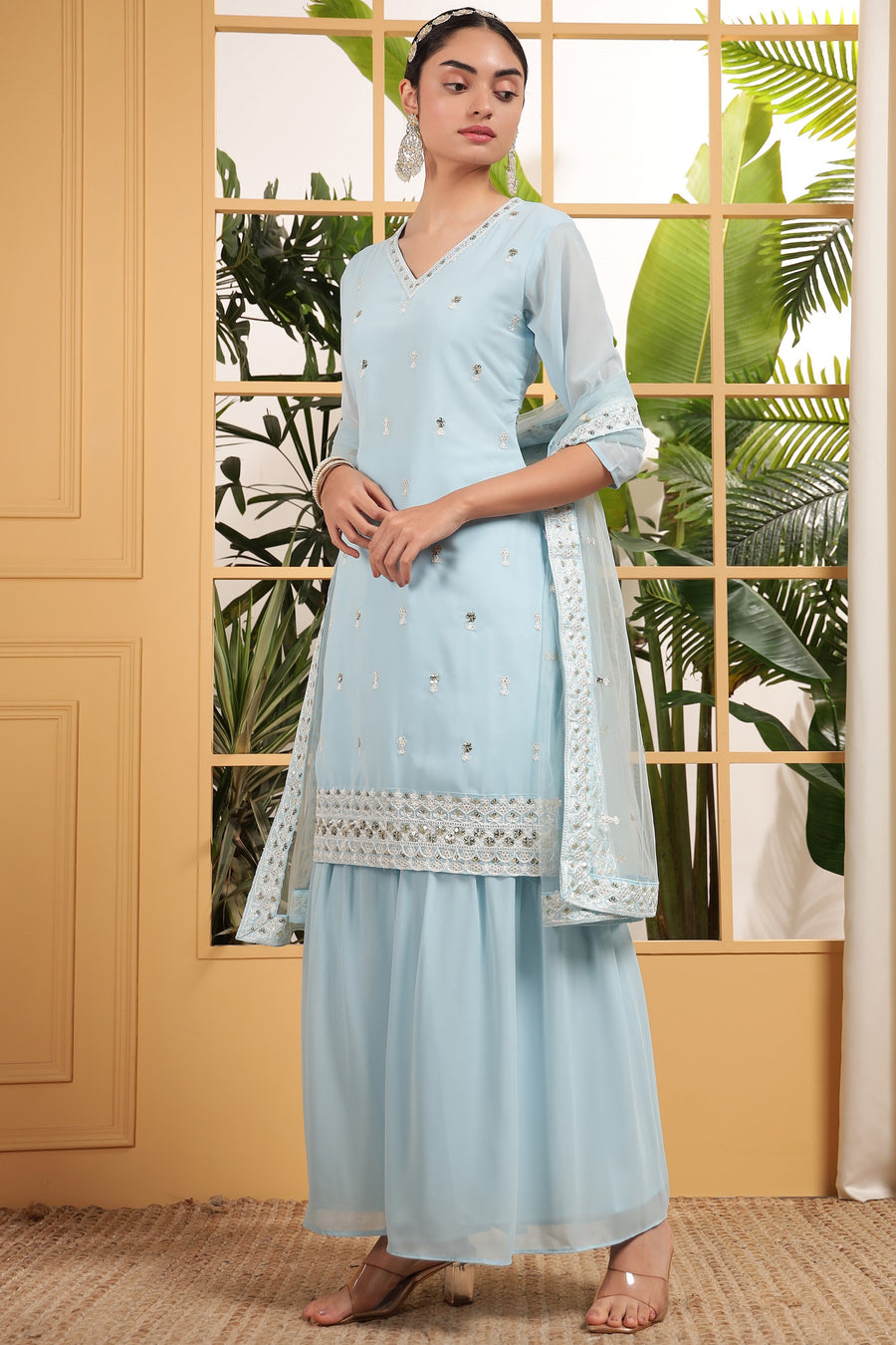 Light Blue Georgette Palazzo Suit For Indian & Pakistani Wedding Festival - Embroidery Work