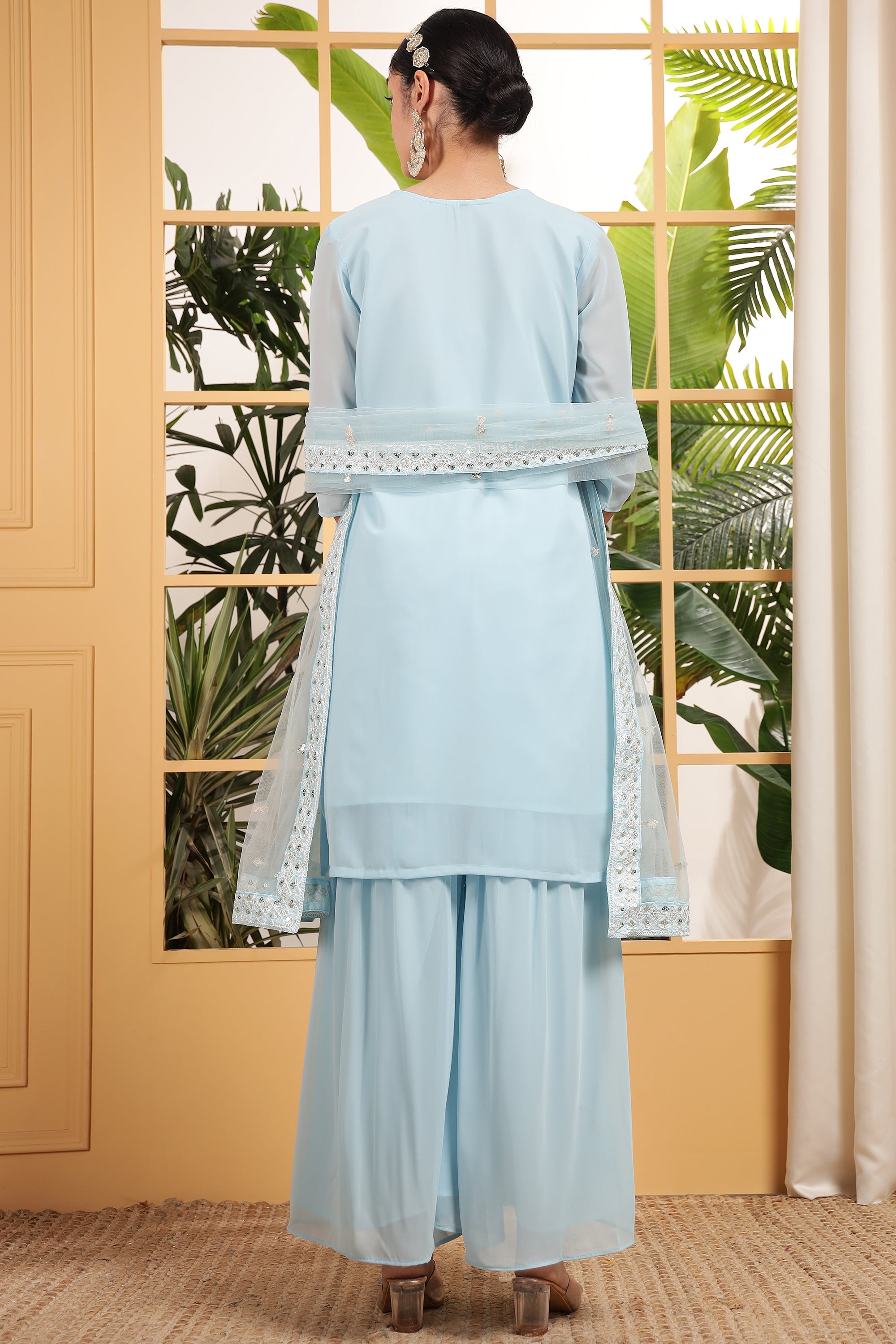 Light Blue Georgette Palazzo Suit For Indian & Pakistani Wedding Festival - Embroidery Work