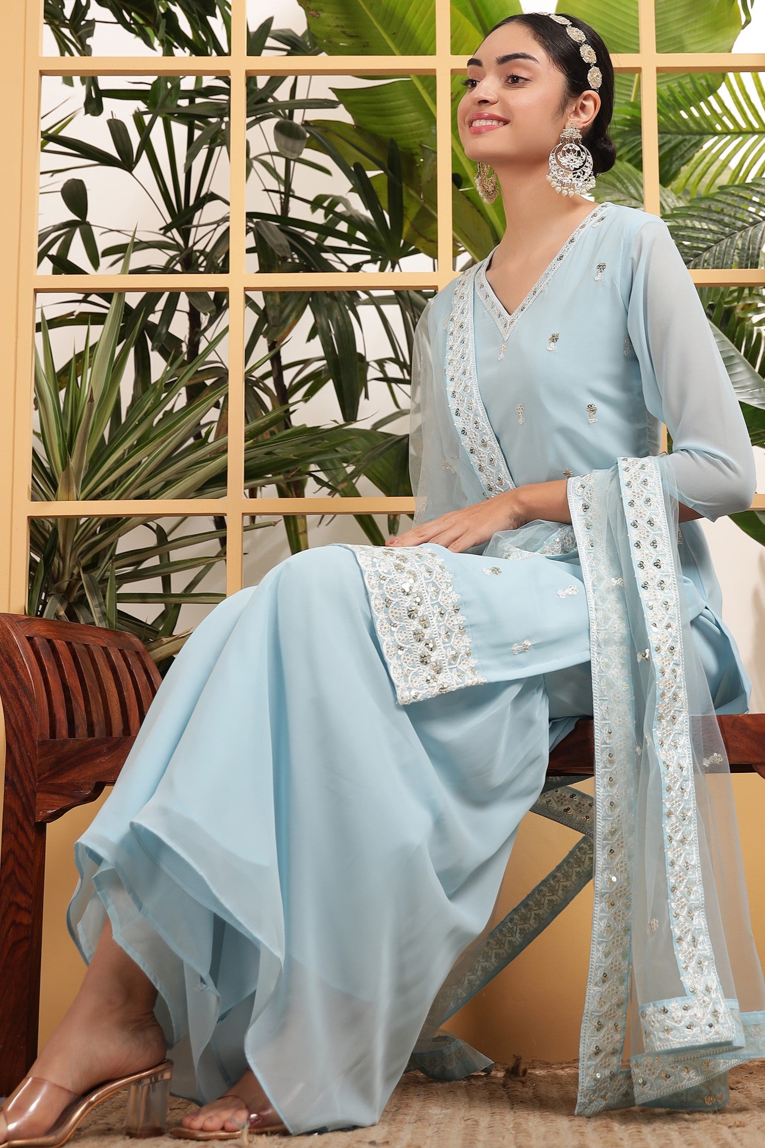 Light Blue Georgette Palazzo Suit For Indian & Pakistani Wedding Festival - Embroidery Work