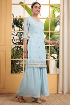 Light Blue Georgette Palazzo Suit For Indian & Pakistani Wedding Festival - Embroidery Work