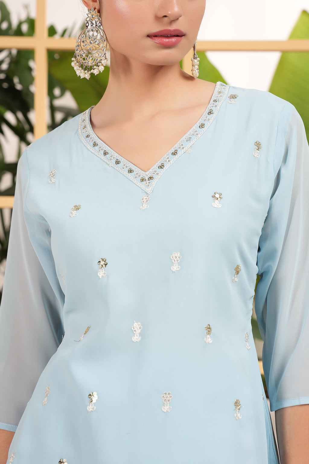 Light Blue Georgette Palazzo Suit For Indian & Pakistani Wedding Festival - Embroidery Work
