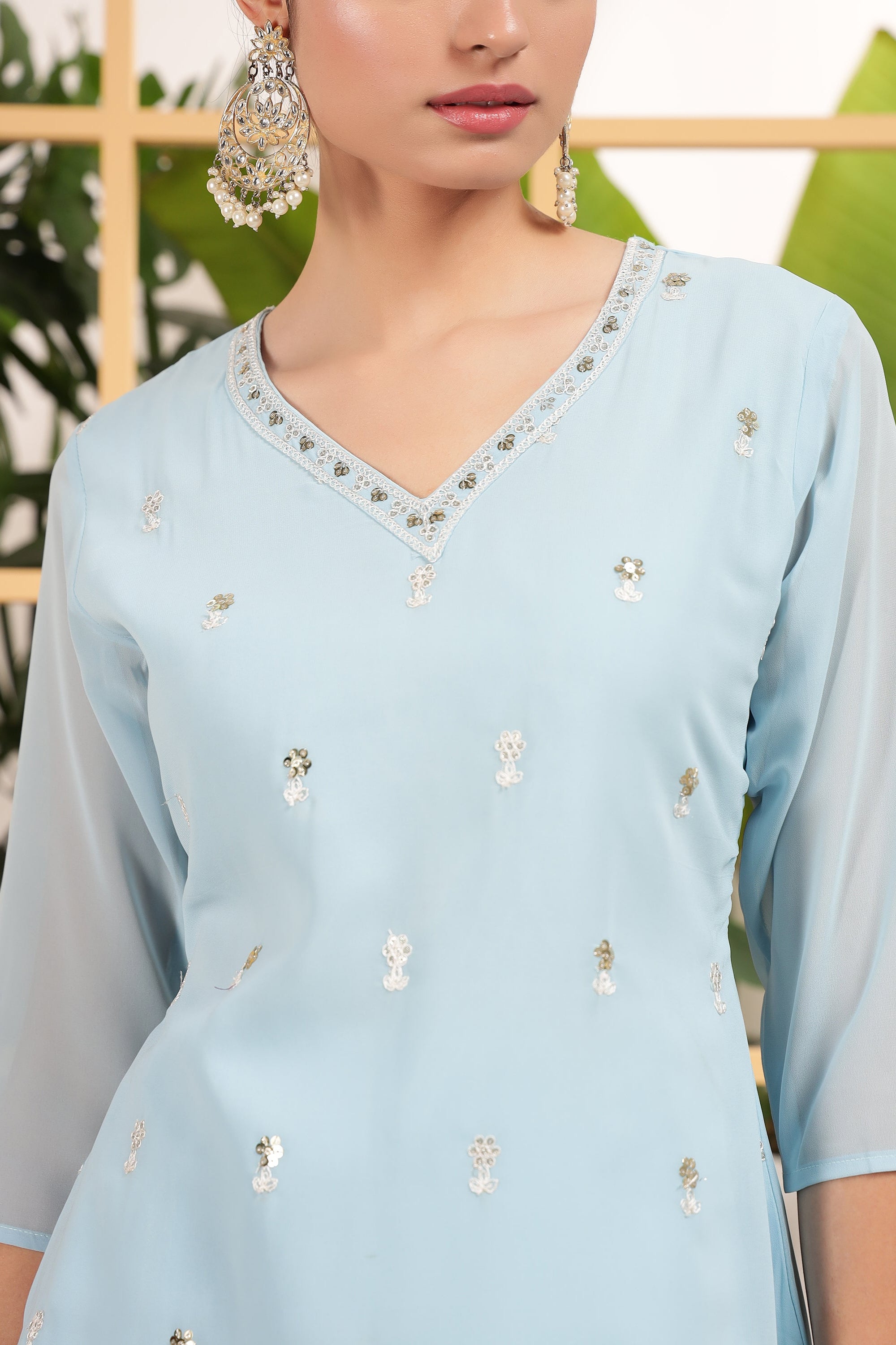 Light Blue Georgette Palazzo Suit For Indian & Pakistani Wedding Festival - Embroidery Work