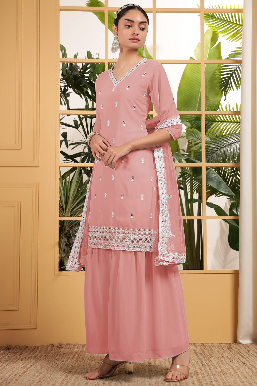 Peach Georgette Palazzo Suit For Indian & Pakistani Wedding Festival - Embroidery Work