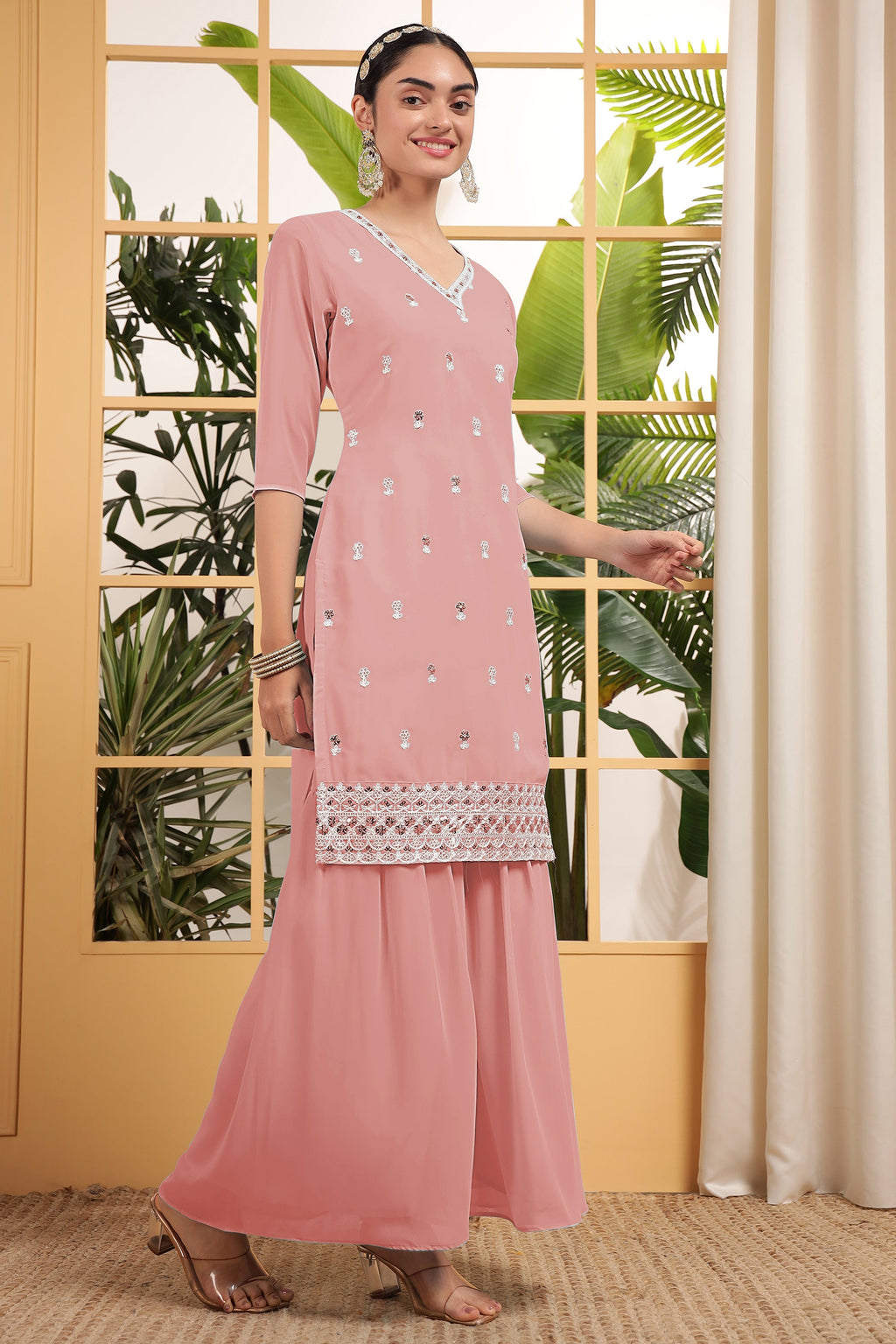 Peach Georgette Palazzo Suit For Indian & Pakistani Wedding Festival - Embroidery Work