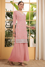 Peach Georgette Palazzo Suit For Indian & Pakistani Wedding Festival - Embroidery Work