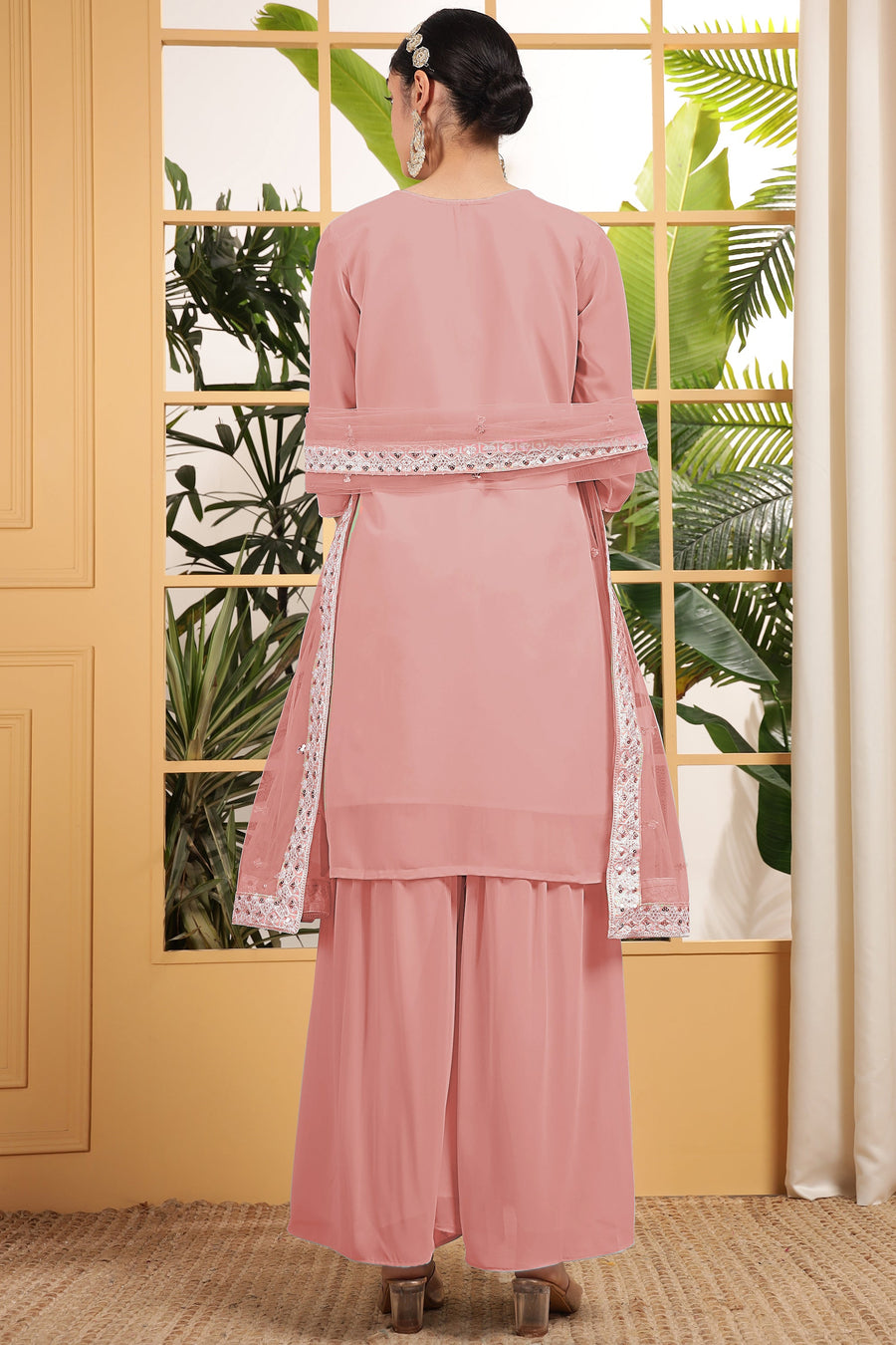 Peach Georgette Palazzo Suit For Indian & Pakistani Wedding Festival - Embroidery Work