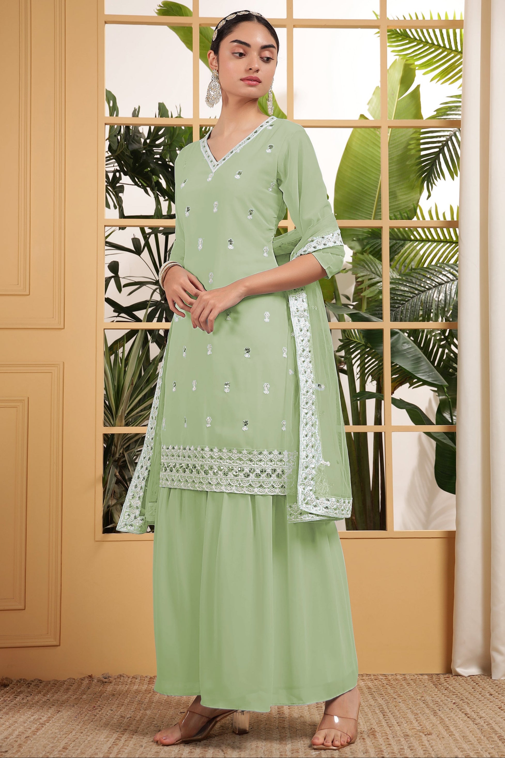 Light Green Georgette Palazzo Suit For Indian & Pakistani Wedding Festival - Embroidery Work