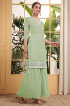 Light Green Georgette Palazzo Suit For Indian & Pakistani Wedding Festival - Embroidery Work