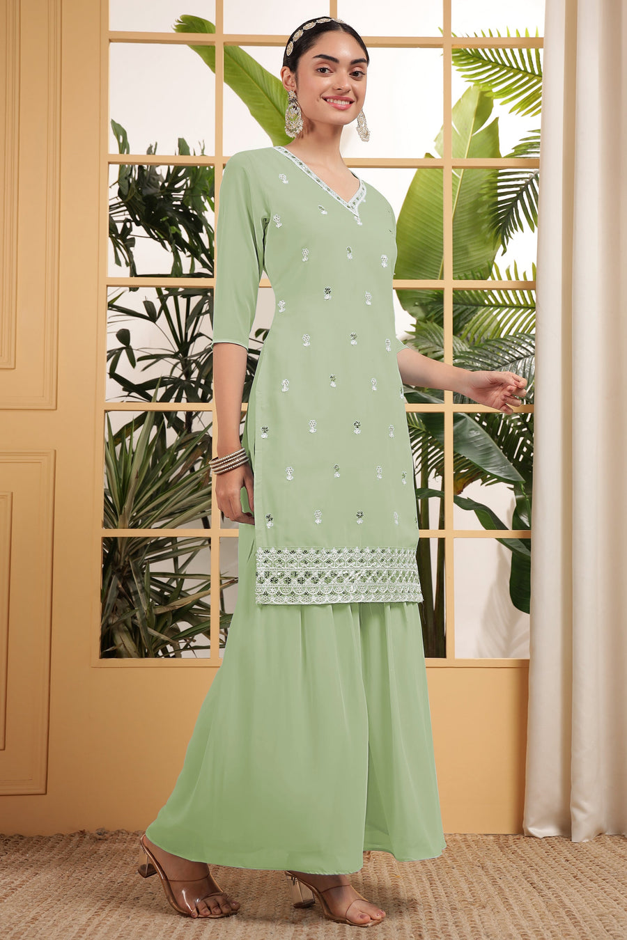 Light Green Georgette Palazzo Suit For Indian & Pakistani Wedding Festival - Embroidery Work
