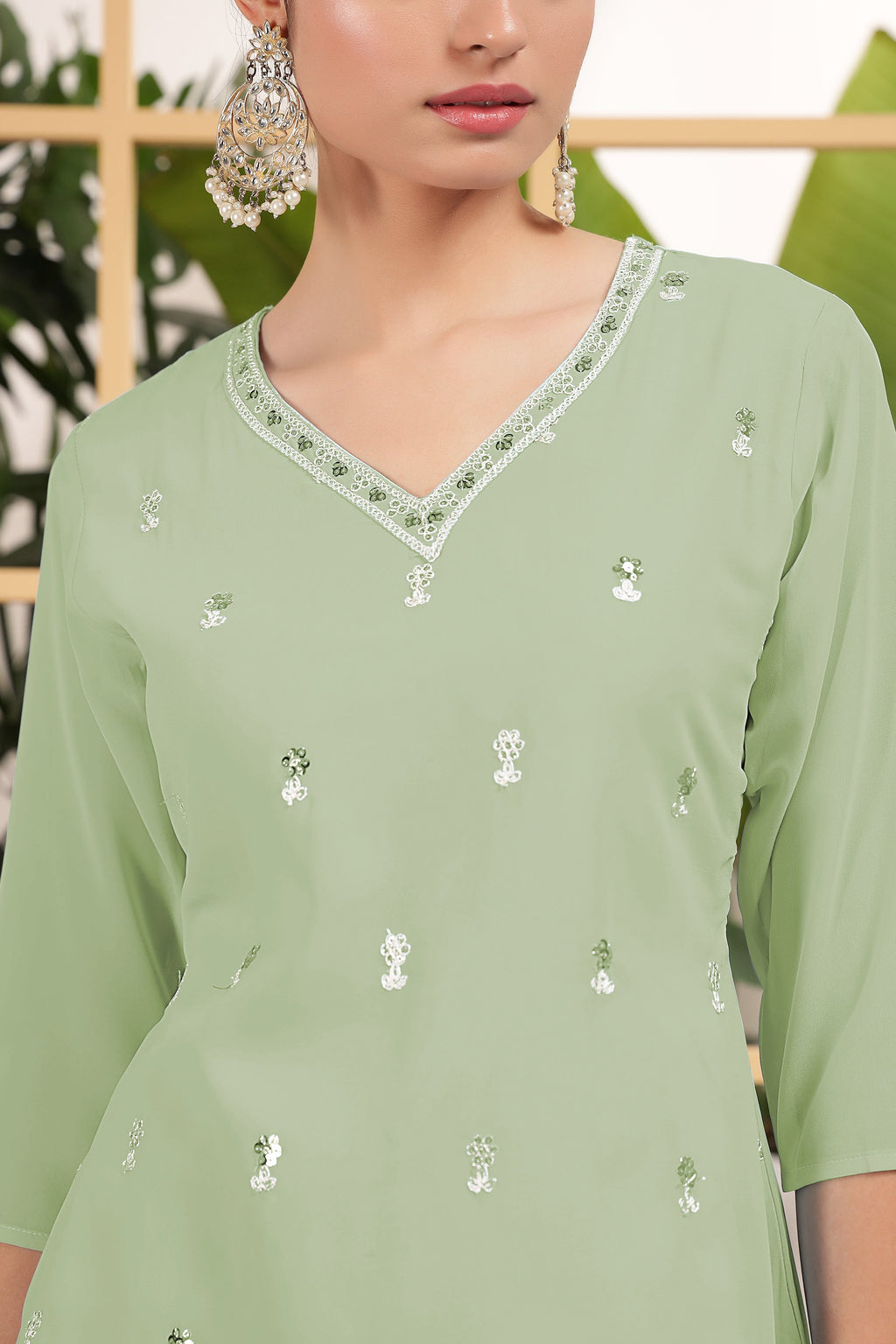 Light Green Georgette Palazzo Suit For Indian & Pakistani Wedding Festival - Embroidery Work