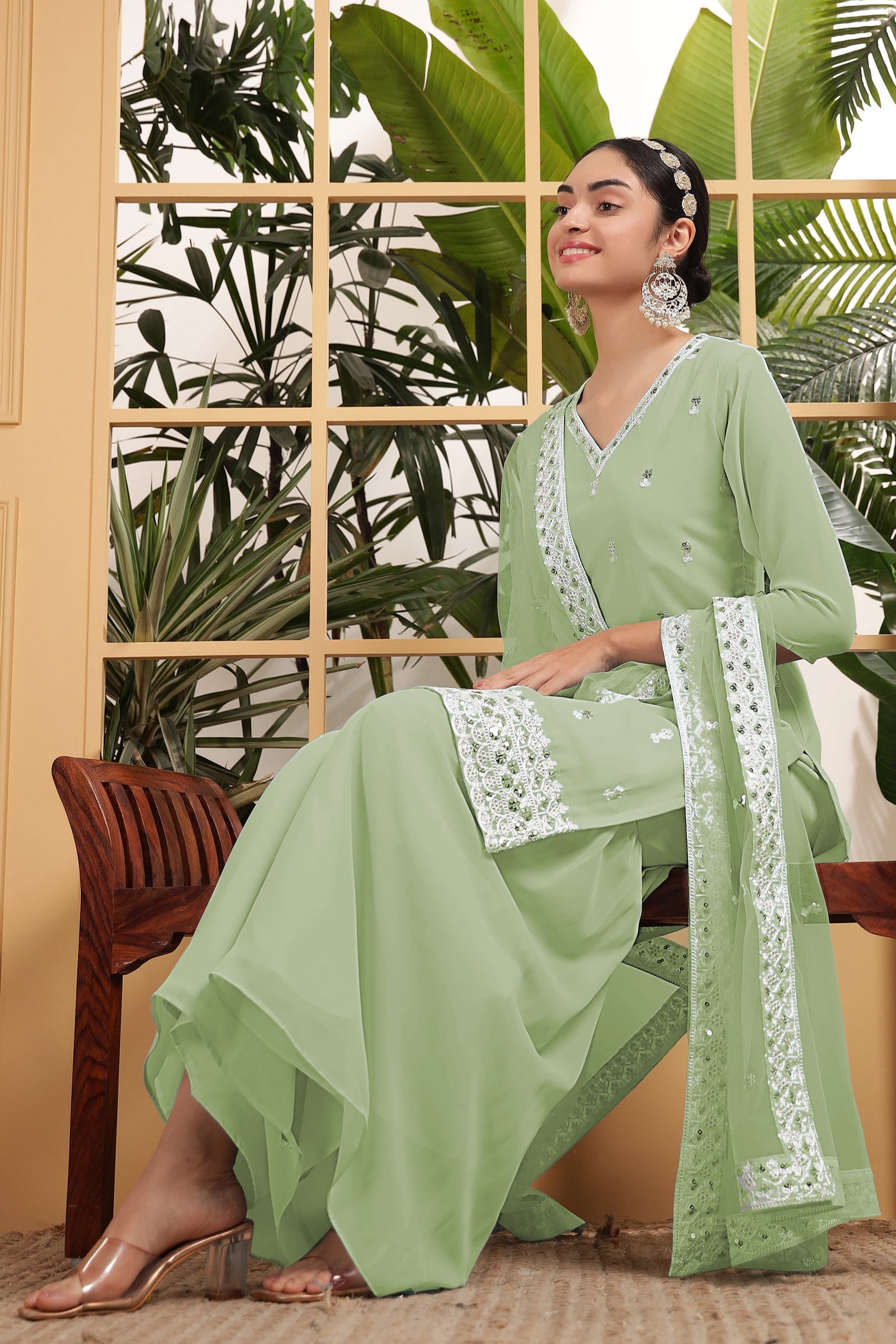 Light Green Georgette Palazzo Suit For Indian & Pakistani Wedding Festival - Embroidery Work
