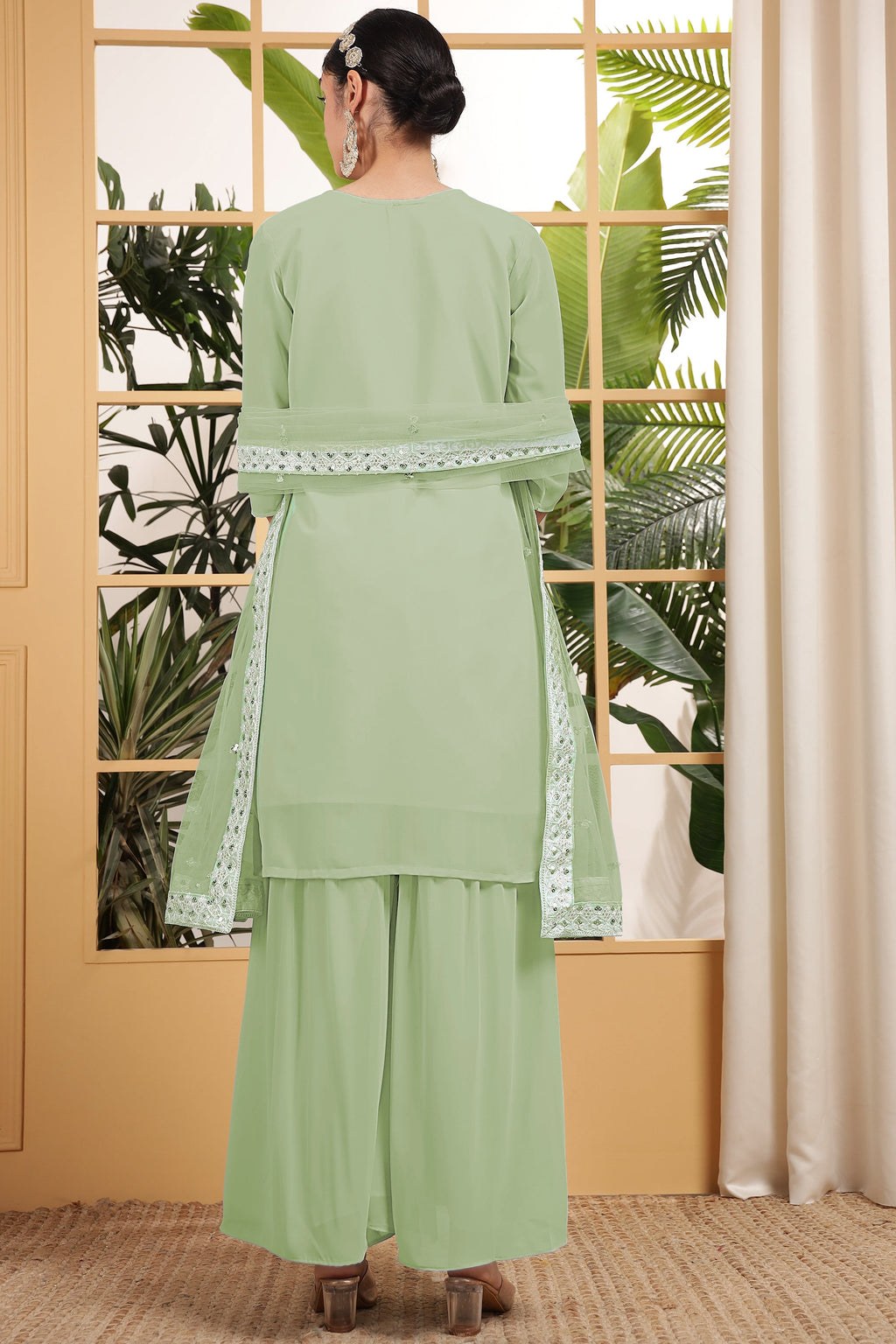 Light Green Georgette Palazzo Suit For Indian & Pakistani Wedding Festival - Embroidery Work