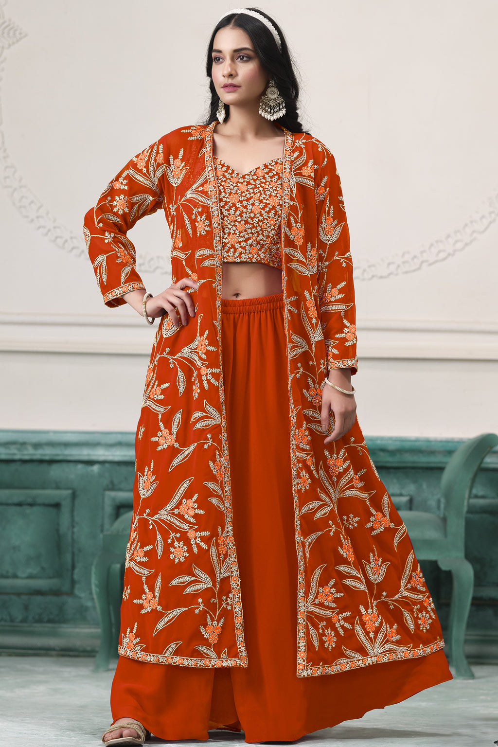Orange Georgette Palazzo with Choli & Jacket For Wedding & Indian Festival - Embroidery Work