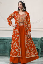 Orange Georgette Palazzo with Choli & Jacket For Wedding & Indian Festival - Embroidery Work