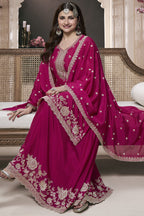 Dark Pink Chinon Silk Sharara Kameez Suit for Pakistani & Indian Festival - Embroidery Work