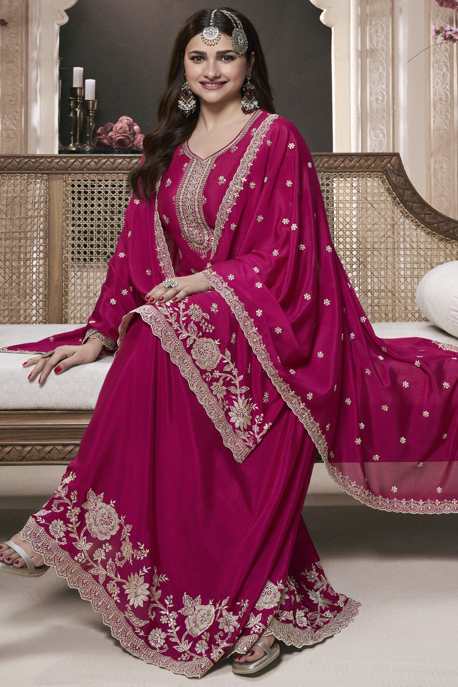 Dark Pink Chinon Silk Sharara Kameez Suit for Pakistani & Indian Festival - Embroidery Work