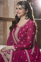 Dark Pink Chinon Silk Sharara Kameez Suit for Pakistani & Indian Festival - Embroidery Work