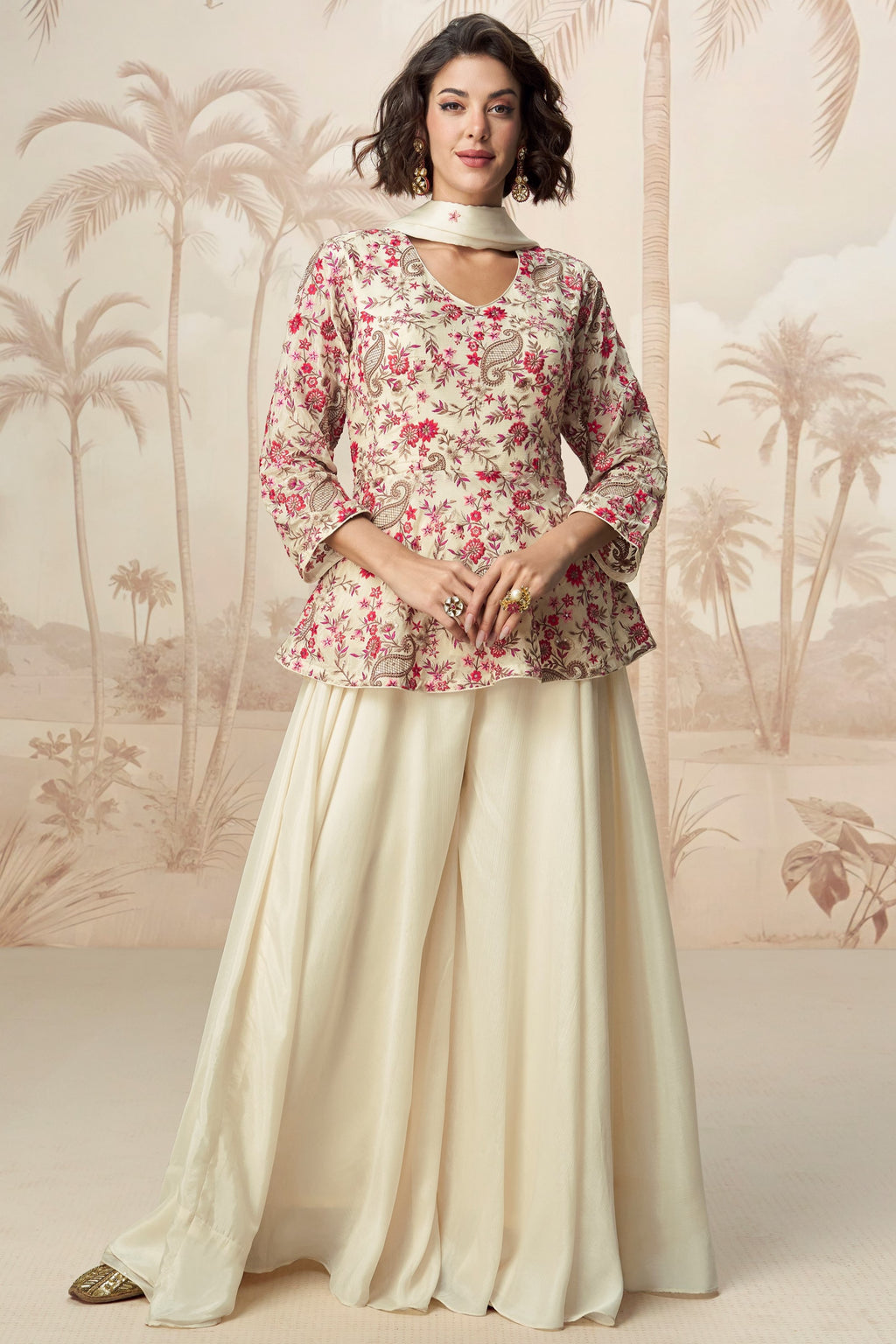 Cream Chinon Silk Palazzo Suit For Indian Wedding & Pakistani Festival - Embroidery Work