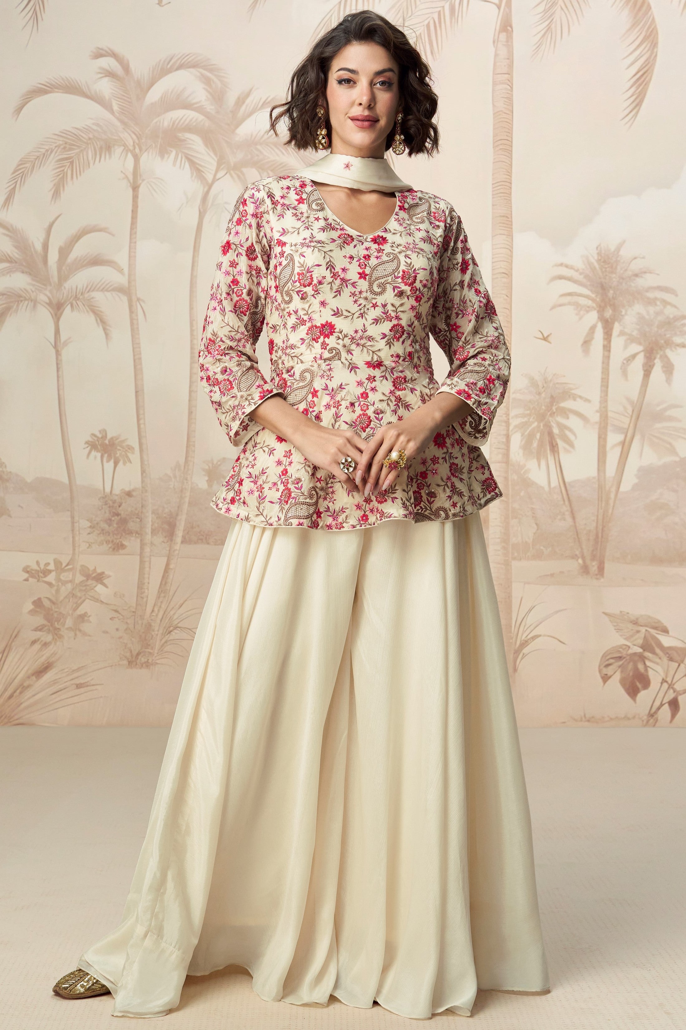 Cream Chinon Silk Palazzo Suit For Indian Wedding & Pakistani Festival - Embroidery Work