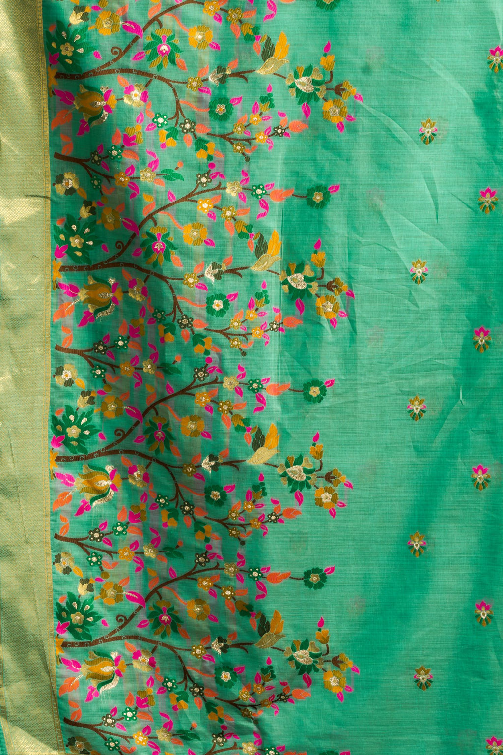 Green Silk Cotton Meenakari Work Saree with Stitched Blouse & Petticoat
