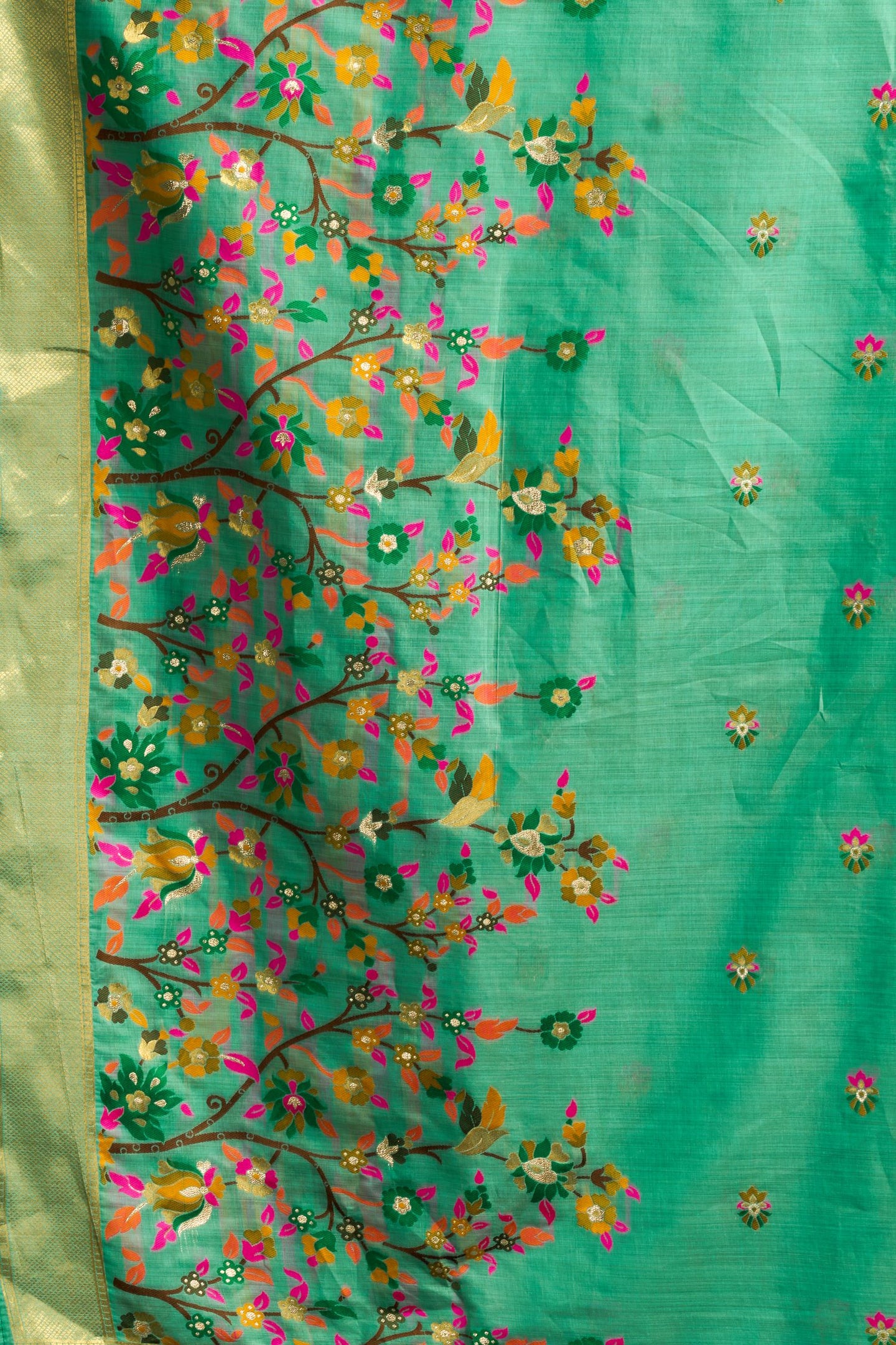 Green Silk Cotton Meenakari Work Saree with Stitched Blouse & Petticoat