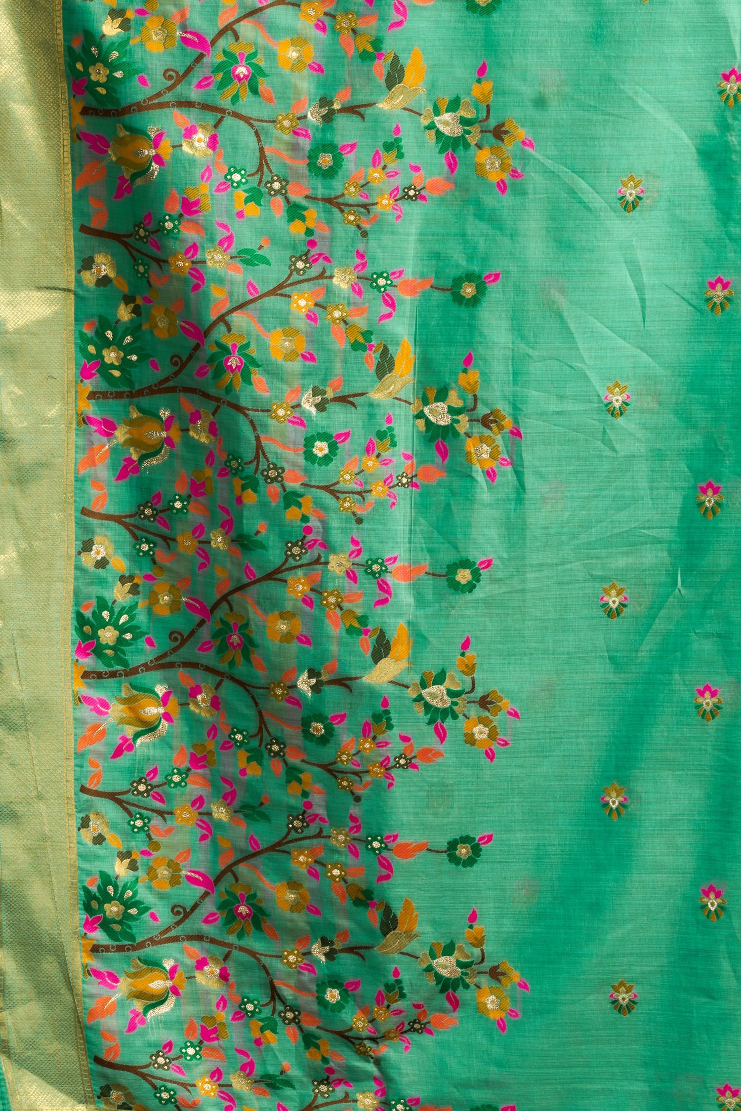 Green Silk Cotton Meenakari Work Saree with Stitched Blouse & Petticoat