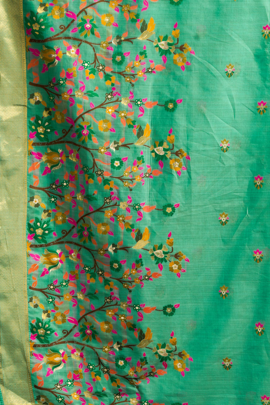Green Silk Cotton Meenakari Work Saree with Stitched Blouse & Petticoat