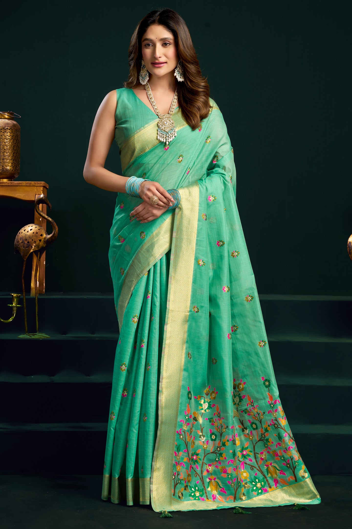 Green Silk Cotton Meenakari Work Saree with Stitched Blouse & Petticoat