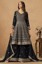 Black Georgette Plazo Suit For Indian & Pakistani Wedding Festival - Thread & Sequins Embroidery Work