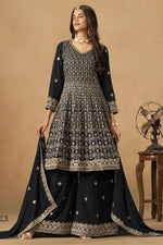Black Georgette Plazo Suit For Indian & Pakistani Wedding Festival - Thread & Sequins Embroidery Work
