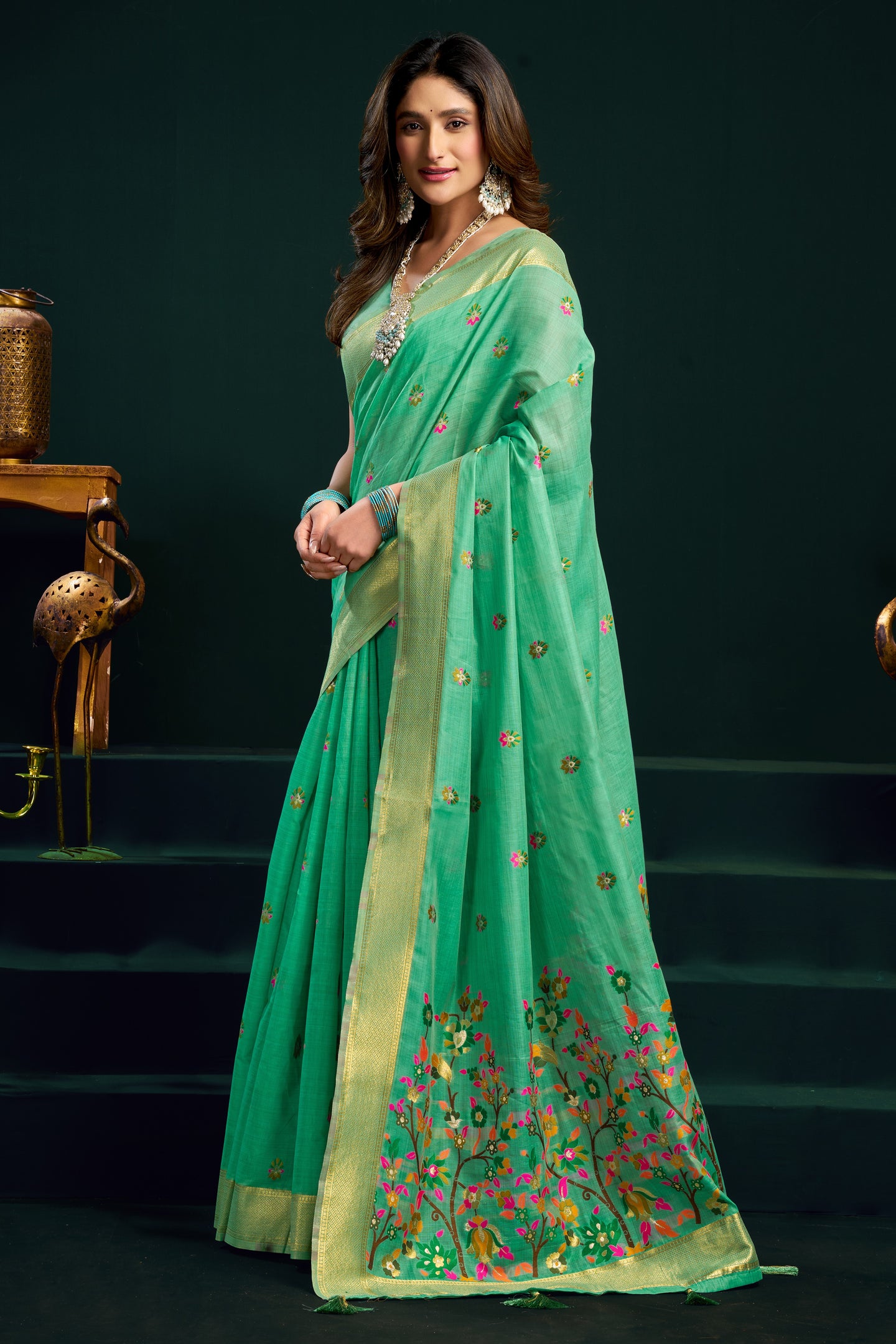 Green Silk Cotton Meenakari Work Saree with Stitched Blouse & Petticoat