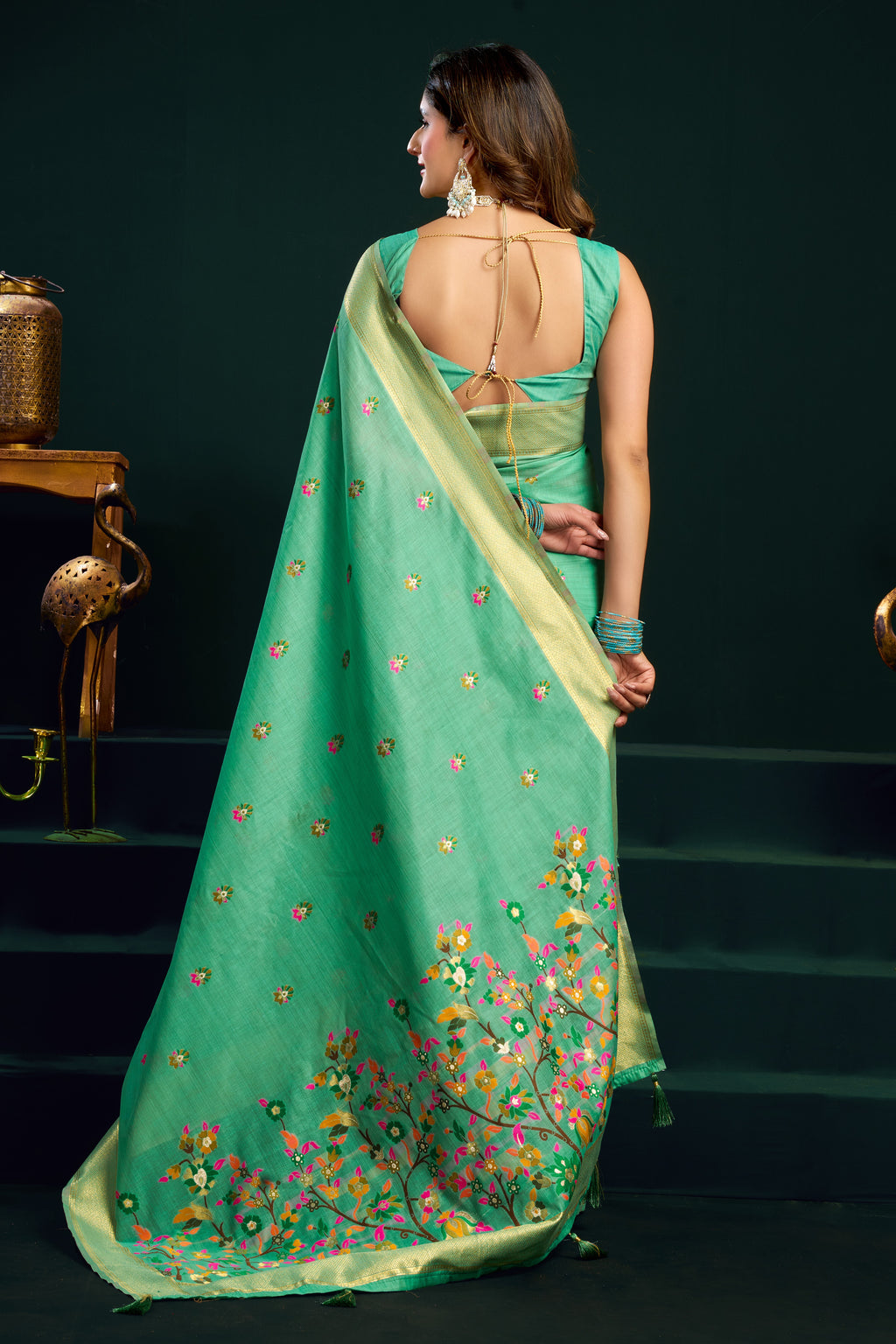 Green Silk Cotton Meenakari Work Saree with Stitched Blouse & Petticoat