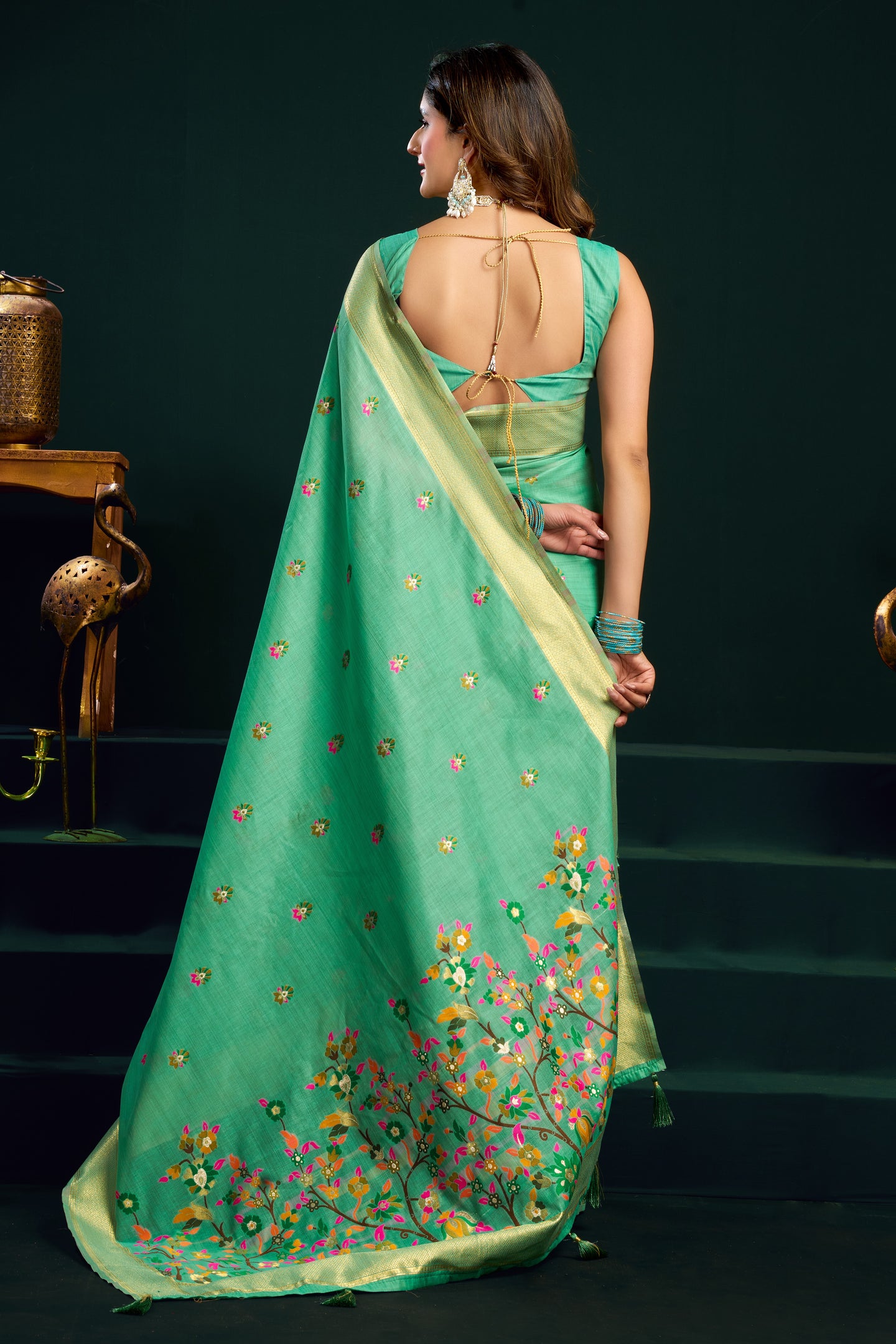 Green Silk Cotton Meenakari Work Saree with Stitched Blouse & Petticoat