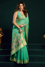 Green Silk Cotton Meenakari Work Saree with Stitched Blouse & Petticoat