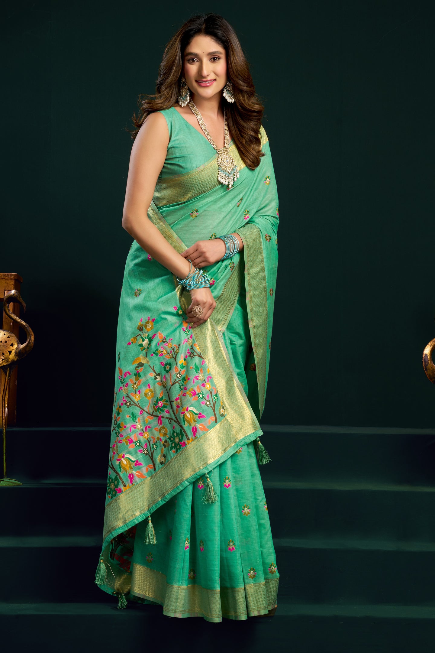 Green Silk Cotton Meenakari Work Saree with Stitched Blouse & Petticoat