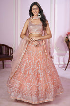 Peach Net Lehenga Choli For Indian & Pakistani Wedding Festival - Sequins & Thread Embroidery Work, Zari Work