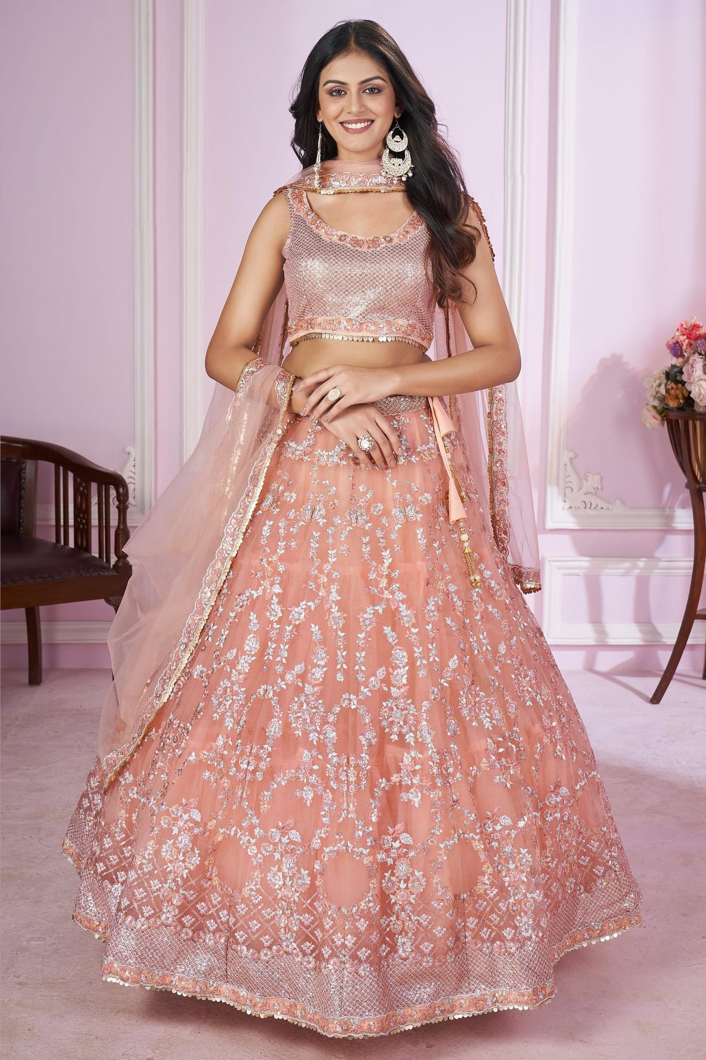 Peach Net Lehenga Choli For Indian & Pakistani Wedding Festival - Sequins & Thread Embroidery Work, Zari Work